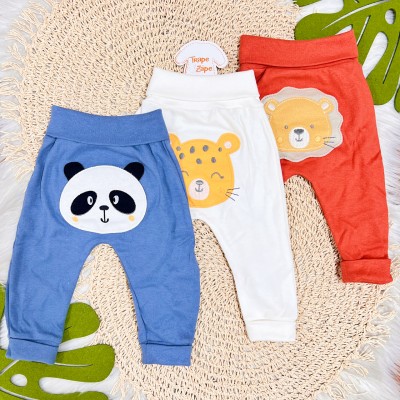  Kit 3 Calças - Leão, Panda e Onça - Telha, Off White e Azul Jeans